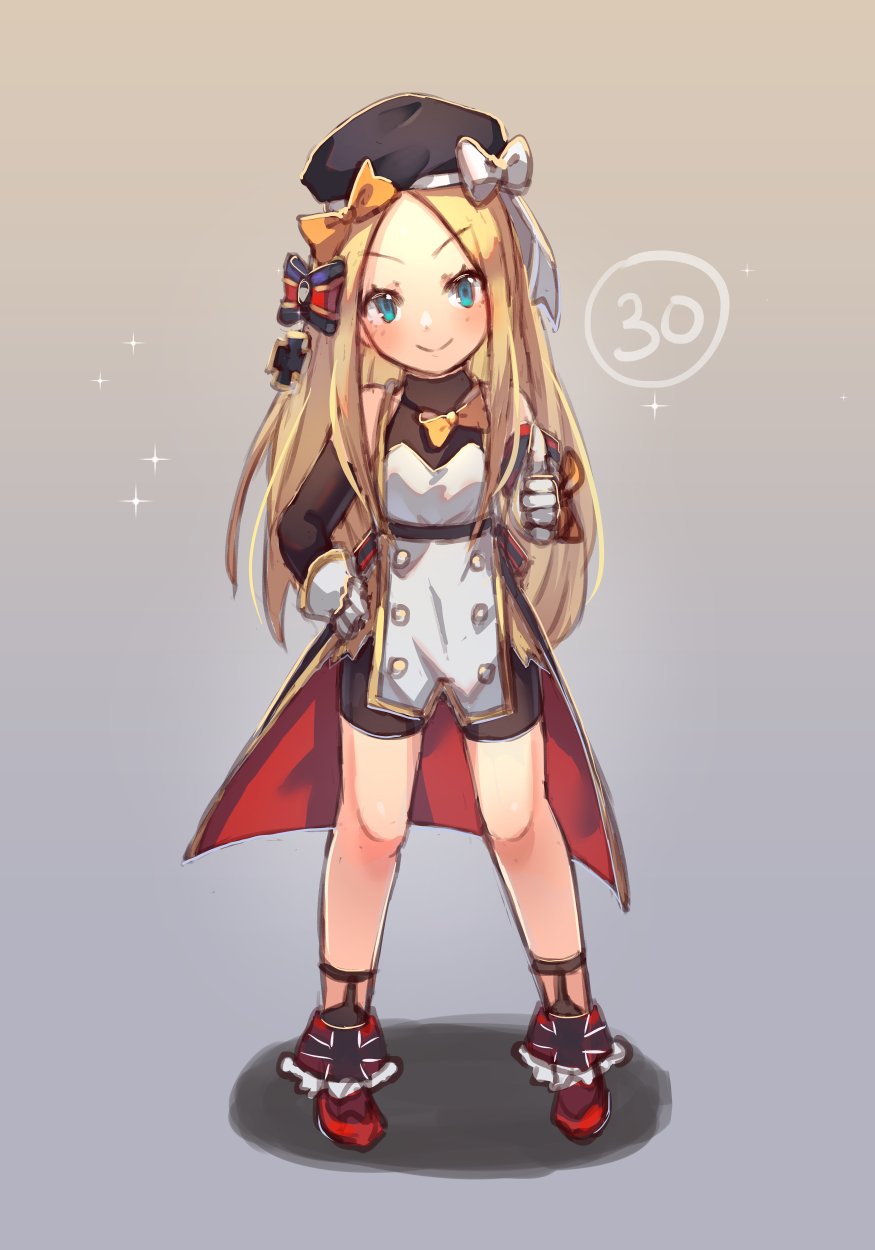 &gt;:) 1girl abigail_williams_(fate/grand_order) azur_lane bangs bare_shoulders beret bike_shorts black_dress black_headwear black_shorts black_sleeves blonde_hair blue_bow blue_eyes blush bow closed_mouth commentary cosplay detached_sleeves dress english_commentary eyebrows_visible_through_hair fate/grand_order fate_(series) forehead full_body gloves grey_background hair_bow hat highres iron_cross long_hair long_sleeves miya_(pixiv15283026) orange_bow parted_bangs red_footwear shoes short_shorts shorts shorts_under_dress sleeveless sleeveless_dress smile solo sparkle standing thumbs_up v-shaped_eyebrows very_long_hair white_bow white_gloves z23_(azur_lane) z23_(azur_lane)_(cosplay)