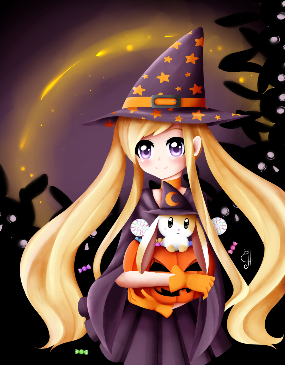 1girl 1other animal blonde_hair blush candy chandelly deviantart exceru-karina halloween human long_hair looking_at_viewer moon_print object_hug original rabbit smile star_print stell_the_witch violet_eyes witch witch_hat