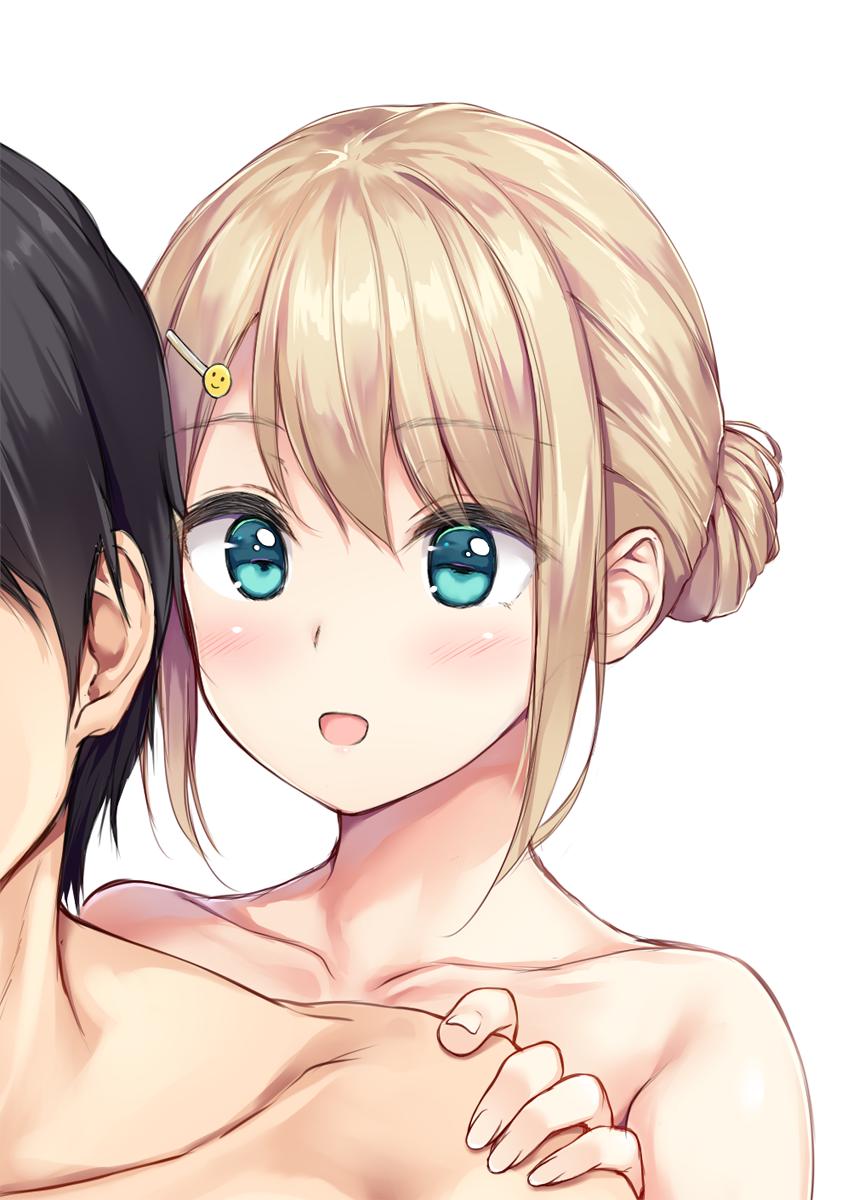 1boy 1girl aqua_eyes black_hair blonde_hair collarbone hair_ornament hairclip hand_on_another's_shoulder highres nude original out_of_frame pasdar portrait sidelocks simple_background smiley_face white_background