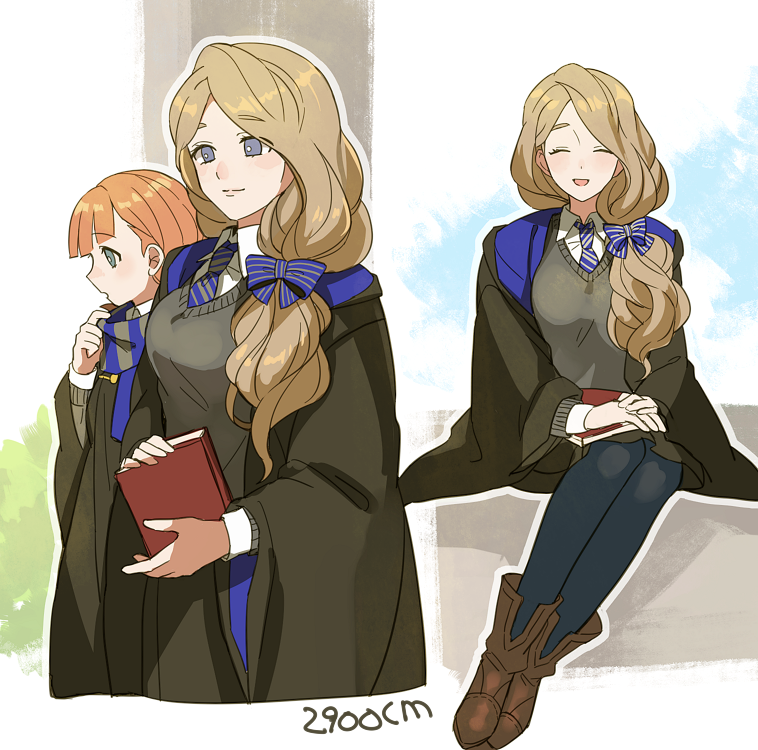 2900cm 2girls annette_fantine_dominic artist_name blonde_hair blue_eyes book bow closed_eyes closed_mouth fire_emblem fire_emblem:_three_houses green_eyes hair_bow harry_potter hogwarts_school_uniform holding holding_book long_hair long_sleeves low_ponytail mercedes_von_martritz multiple_girls necktie open_mouth orange_hair ravenclaw school_uniform sitting uniform wide_sleeves