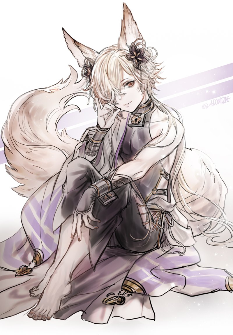 1boy adoniszaf animal_ears backless_outfit blonde_hair fox_boy fox_ears fox_tail granblue_fantasy hair_over_one_eye kou_(granblue_fantasy) large_tail looking_at_viewer male_focus side-tie_legwear sideless_outfit tail