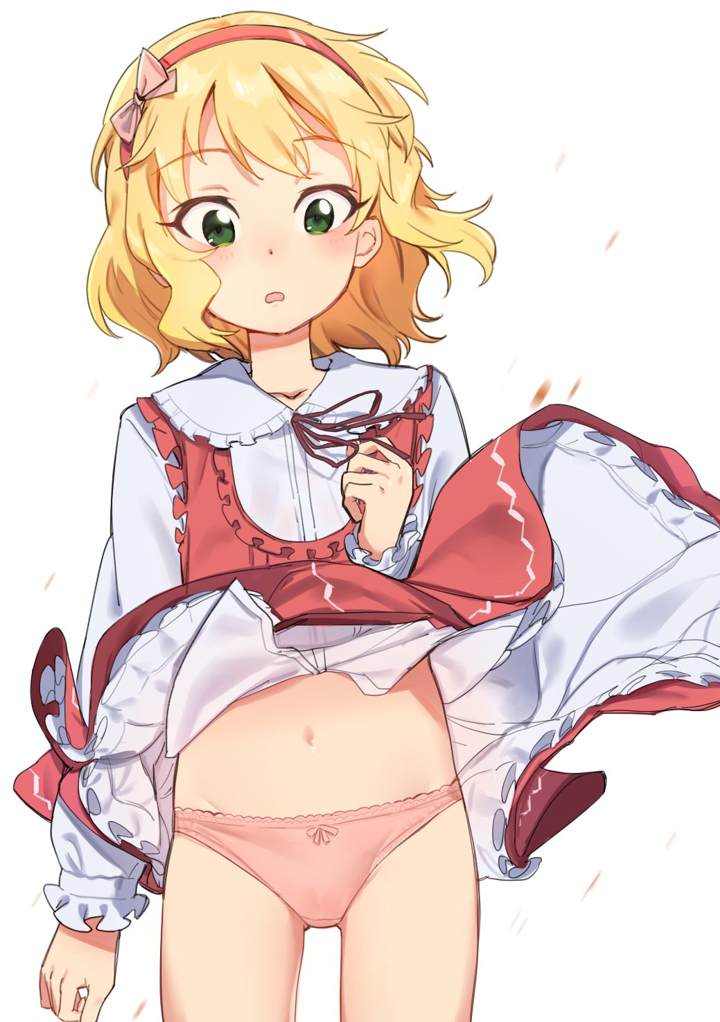1girl ass_visible_through_thighs blonde_hair blush bow bow_panties brown_ribbon collarbone collared_shirt commentary_request dress dress_lift dress_shirt frilled_shirt_collar frills green_eyes groin hair_bow hairband hand_up highres idolmaster idolmaster_cinderella_girls long_sleeves navel neck_ribbon o.m open_mouth panties pink_bow pink_panties red_dress red_hairband ribbon sakurai_momoka shirt shirt_lift simple_background solo standing underwear white_background white_shirt wind wind_lift
