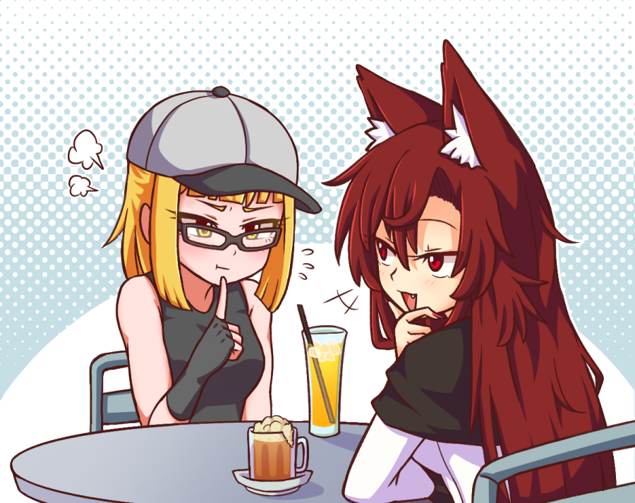 2girls :d :t =3 alternate_costume animal_ear_fluff animal_ears bangs bare_shoulders baseball_cap beer_mug black_gloves black_tank_top blonde_hair blue_background blush brown_hair casual chair commentary contemporary cup dress drinking_glass drinking_straw english_commentary eyelashes fang finger_to_chin fingerless_gloves flying_sweatdrops from_behind gloves grey_headwear hair_between_eyes halftone halftone_background hand_up hat ice ice_cube imaizumi_kagerou joutouguu_mayumi long_sleeves looking_at_another multiple_girls nail_polish open_mouth red_eyes red_nails short_hair sitting smile table tank_top touhou upper_body white_background white_dress wolf_ears wool_(miwol) yellow_eyes