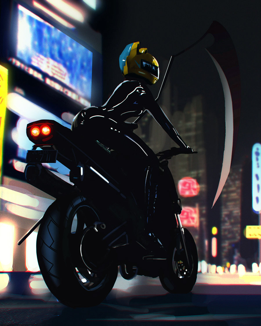 1girl animal_helmet black_bodysuit blurry blurry_background bodysuit building celty_sturluson city city_lights durarara!! ground_vehicle helmet lev_bannikov motor_vehicle motorcycle motorcycle_helmet night outdoors scythe skyscraper solo