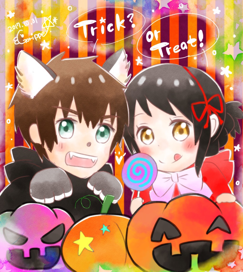 10s 1boy 1girl 2017 adorable animal_costume big_bad_wolf_(cosplay) big_bad_wolf_(grimm) black_hair blush bowtie brown_hair candy comix_wave couple cute dated dress english_commentary fairy_tales fangs gorippe halloween kimi_no_na_wa little_red_riding_hood little_red_riding_hood_(grimm) little_red_riding_hood_(grimm)_(cosplay) lollipop looking_at_viewer miyamizu_mitsuha open_mouth ponytail pumpkin red_dress ribbon star tachibana_taki toho_corp. tongue_out wolf_costume wolf_ears