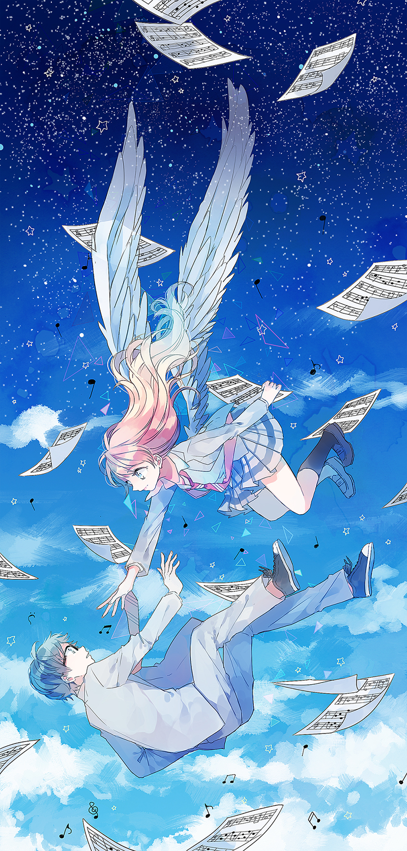 1boy 1girl angel_wings arima_kousei black-framed_eyewear black_hair blonde_hair blue_eyes closed_mouth clouds collar commentary_request eyebrows_visible_through_hair falling flying flying_paper from_side glasses grey_jacket highres holding holding_paper jacket long_hair long_sleeves looking_at_another maayan miyazono_kawori music necktie night notes open_mouth pants paper pink_neckwear school_uniform shigatsu_wa_kimi_no_uso shirt shoes skirt smile sneakers star_(sky) white_shirt wings