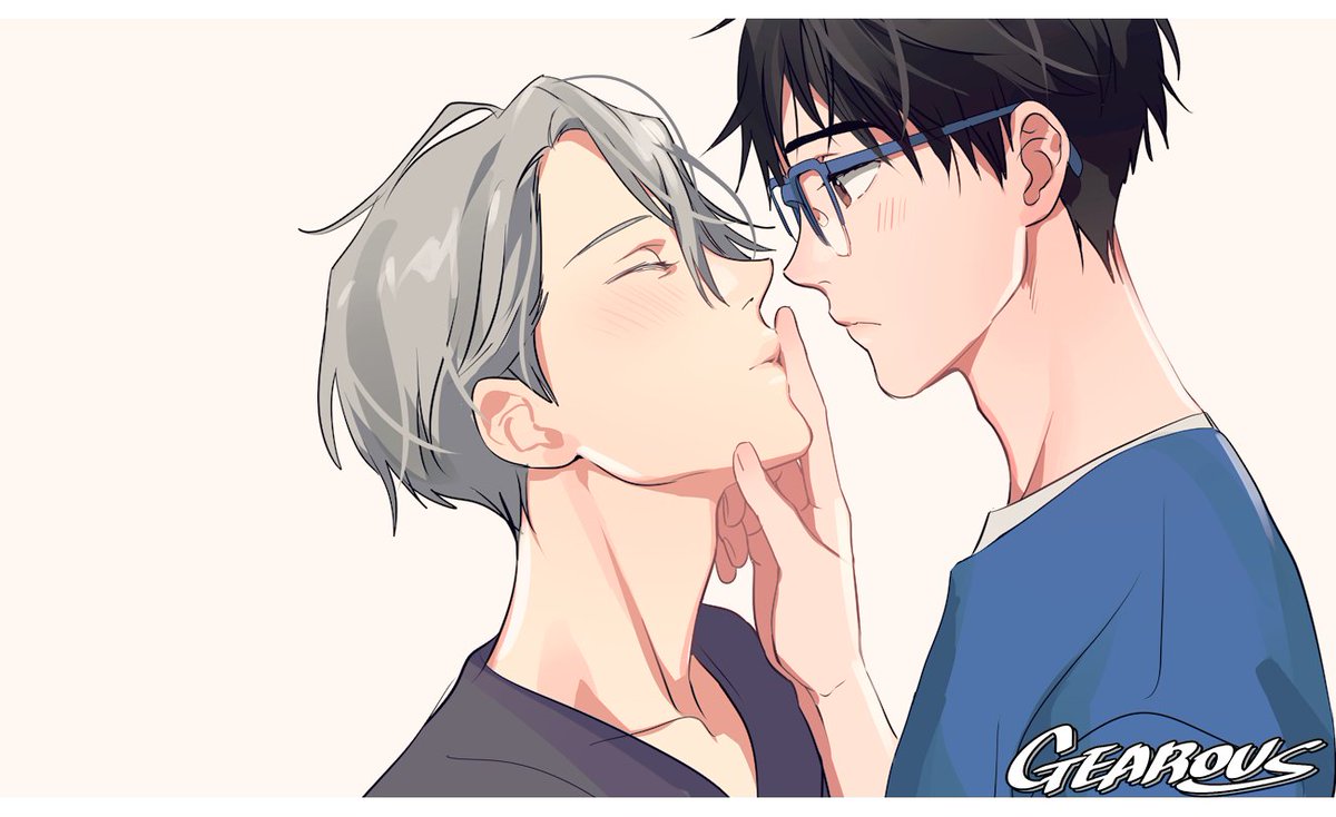 2boys artist_name black_hair blue-framed_eyewear blush brown_eyes closed_eyes gearous glasses hand_on_another's_face imminent_kiss katsuki_yuuri male_focus multiple_boys pink_background profile silver_hair upper_body viktor_nikiforov yaoi yuri!!!_on_ice