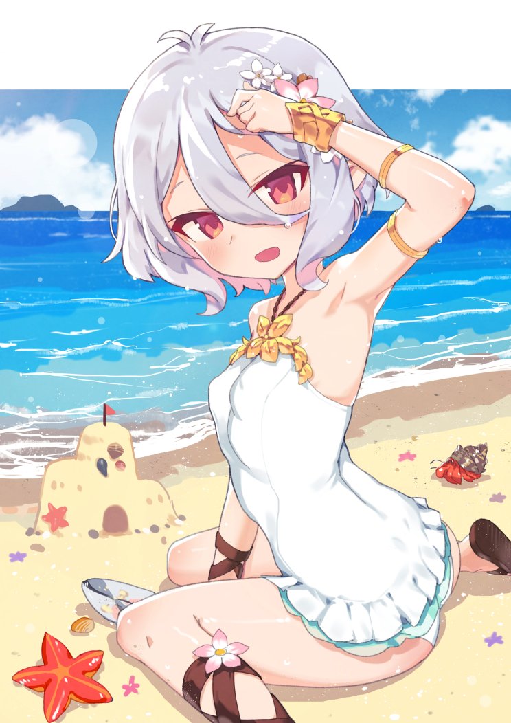 1girl arm_up armlet armpits ass beach between_legs bracelet breasts casual_one-piece_swimsuit covered_nipples day hair_between_eyes halterneck hand_between_legs horizon jewelry kokkoro_(princess_connect!) kylin looking_back one-piece_swimsuit outdoors outside_border pink_eyes pointy_ears princess_connect! princess_connect!_re:dive sand_castle sand_sculpture short_hair shovel silver_hair sitting small_breasts smile solo starfish swimsuit wariza
