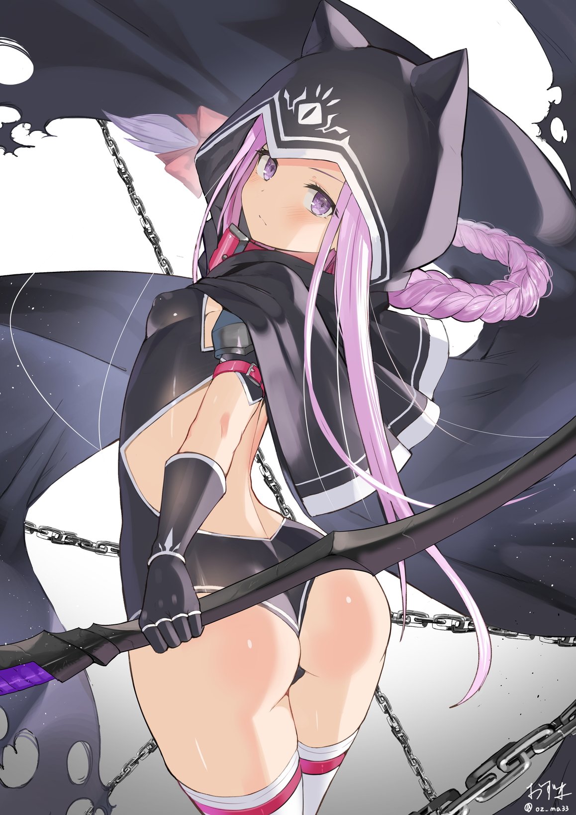 1girl ass backless_outfit black_cloak black_leotard blush braid breasts chain cloak commentary_request covered_nipples fate/grand_order fate_(series) gloves highres hood hood_up hooded_cloak leotard long_braid long_hair looking_at_viewer looking_back medusa_(lancer)_(fate) oz_(user_zakk5472) purple_hair rider scythe sidelocks signature small_breasts solo thigh-highs twitter_username violet_eyes weapon white_legwear
