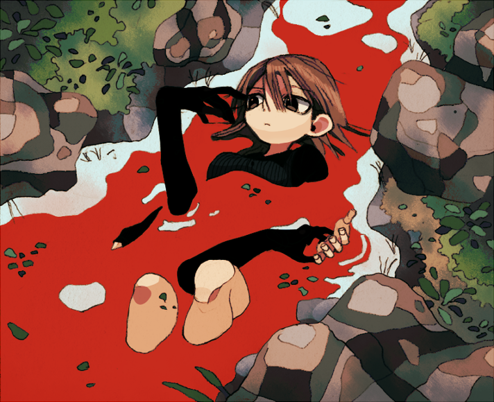 1girl ambiguous_red_liquid black_shirt brown_eyes brown_hair disembodied_hands from_above grass ka_(marukogedago) knees_up long_sleeves lying medium_hair on_back original outdoors partially_submerged river shirt water