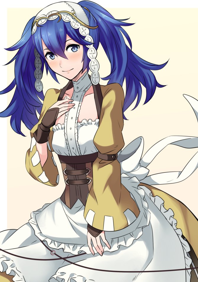 1girl alternate_hairstyle ameno_(a_meno0) apron blue_eyes blue_hair blush bow breasts closed_mouth collarbone commentary_request cosplay dress eyebrows_visible_through_hair fingerless_gloves fire_emblem fire_emblem_awakening frills gloves hair_between_eyes hair_ornament hand_on_own_chest lips lissa_(fire_emblem) lissa_(fire_emblem)_(cosplay) liz_(fire_emblem) liz_(fire_emblem)_(cosplay) long_hair looking_at_viewer lucina lucina_(fire_emblem) small_breasts smile solo twintails waist_apron white_bow yellow_dress