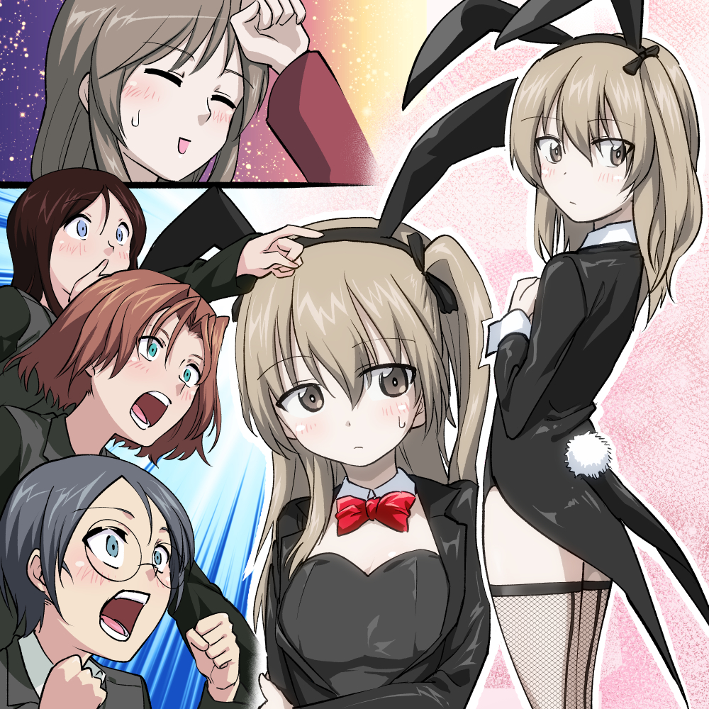 1girl aki_(makinoakira) alternate_costume animal_ears arm_grab azumi_(girls_und_panzer) bangs black_hair black_jacket black_legwear black_leotard black_ribbon blue_eyes blush bow bowtie brown_eyes brown_hair bunny_tail bunnysuit closed_mouth coattails collar commentary_request constricted_pupils covering_mouth detached_collar dress_shirt emphasis_lines eyebrows_visible_through_hair fake_animal_ears fake_tail fishnet_pantyhose fishnets from_side gaijin_4koma girls_und_panzer glasses grey_eyes hair_ribbon hand_over_own_mouth jacket leotard light_brown_hair light_frown long_hair long_sleeves looking_at_viewer megumi_(girls_und_panzer) mother_and_daughter one_side_up open_mouth outline pantyhose partial_commentary pointing rabbit_ears red_jacket red_neckwear ribbon round_eyewear rumi_(girls_und_panzer) selection_university_military_uniform shimada_arisu shimada_chiyo shirt short_hair smile solo standing strapless strapless_leotard surprised sweatdrop swept_bangs tail thigh-highs white_collar white_outline white_shirt wing_collar wiping_sweat
