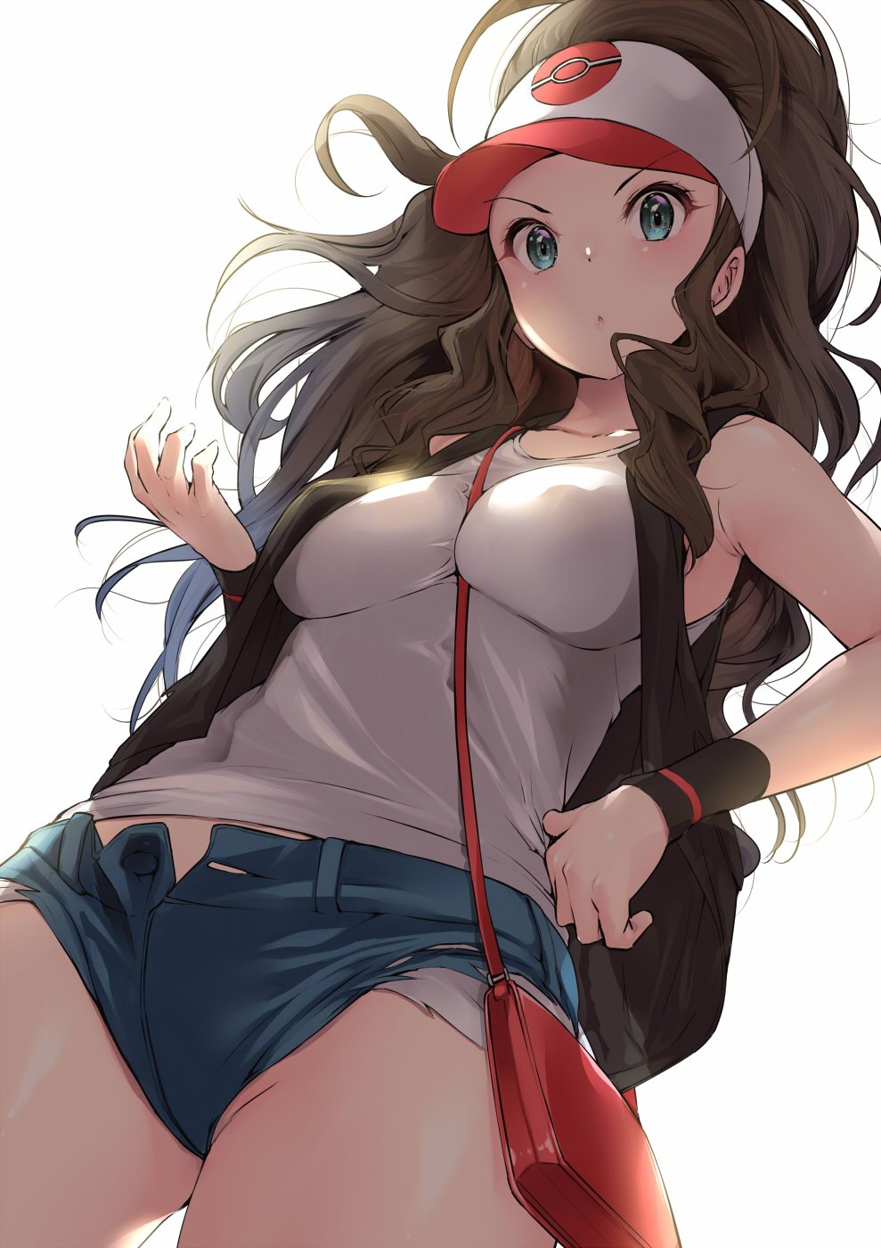 1girl amasora_taichi armpits backlighting bag bare_arms bare_shoulders baseball_cap big_hair black_vest blue_eyes breasts brown_hair collarbone commentary_request covered_nipples cowboy_shot curly_hair cutoffs denim denim_shorts dutch_angle exposed_pocket eyebrows_visible_through_hat floating_hair from_below hand_on_hip hand_up hat highres impossible_clothes impossible_shirt long_hair looking_at_viewer medium_breasts pokemon pokemon_(game) pokemon_bw shirt short_shorts shorts shoulder_bag sidelocks sleeveless sleeveless_shirt solo touko_(pokemon) unbuttoned v-shaped_eyebrows vest white_shirt wristband