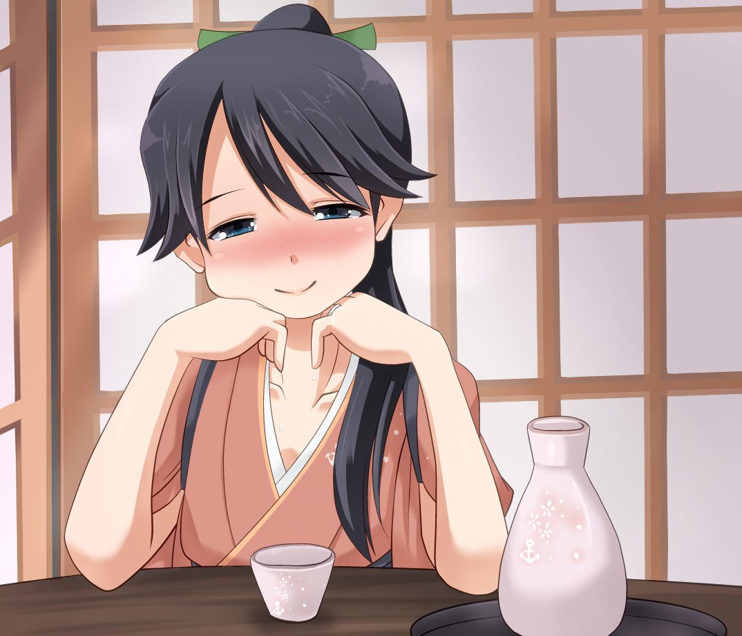 1girl anchor_symbol black_eyes black_hair blush bottle chin_rest collarbone floral_print hair_over_shoulder hakama half-closed_eyes houshou_(kantai_collection) imagawa_akira japanese_clothes jewelry kantai_collection ponytail ring sake_bottle smile solo table upper_body wedding_band