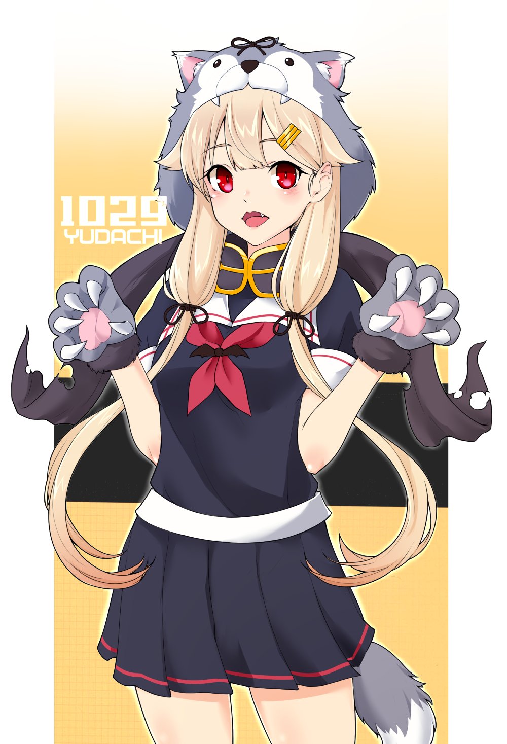 1girl black_ribbon black_serafuku black_skirt blonde_hair character_name commentary_request cowboy_shot curled_fingers dated fangs gloves gradient gradient_background hair_flaps hair_ornament hair_ribbon hairclip highres kantai_collection kukurus long_hair looking_at_viewer neckerchief paw_gloves paw_pose paws red_eyes red_neckwear remodel_(kantai_collection) ribbon school_uniform serafuku skirt solo tail tress_ribbon wolf_hood wolf_tail yellow_background yuudachi_(kantai_collection)