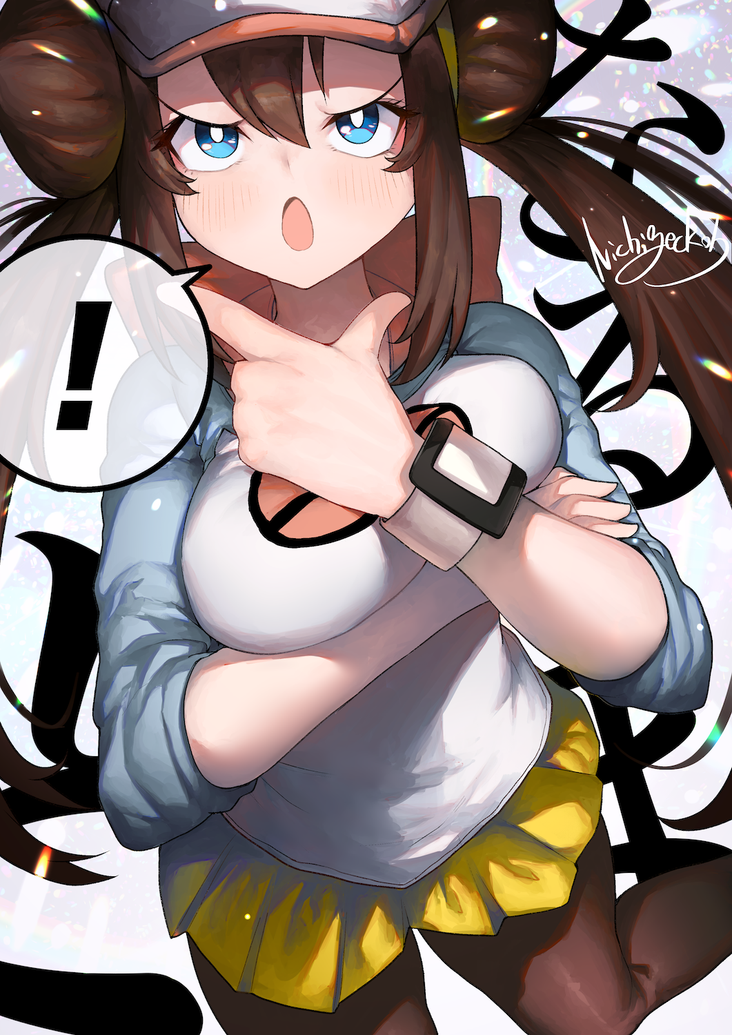 ! 1girl artist_name bangs black_legwear blue_eyes blush breasts brown_hair commentary_request crossed_arms double_bun hair_tie hand_up hat highres leg_up long_hair long_sleeves looking_up medium_breasts mei_(pokemon) nichigeckoh open_mouth pantyhose poke_ball_theme pokemon pokemon_(game) pokemon_bw2 raglan_sleeves shirt short_shorts shorts signature solo speech_bubble spoken_exclamation_mark standing standing_on_one_leg thinking tied_hair twintails white_shirt wristband yellow_shorts