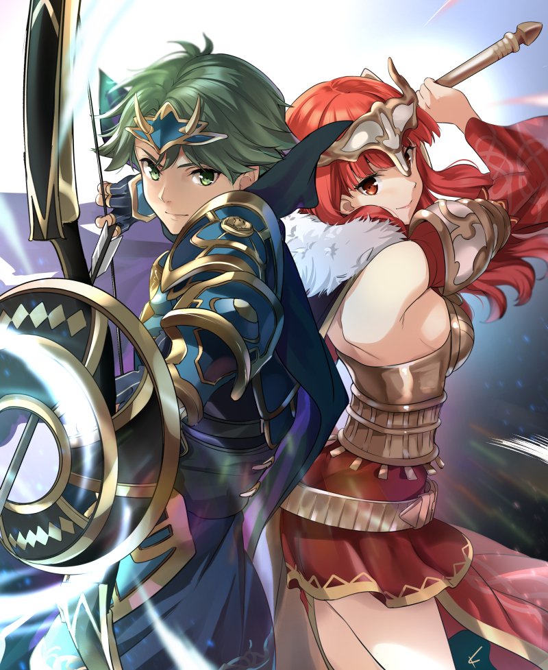 1boy 1girl alm_(fire_emblem) armor arrow bow_(weapon) breasts cape celica_(fire_emblem) closed_mouth fingerless_gloves fire_emblem fire_emblem_echoes:_shadows_of_valentia fire_emblem_heroes from_side fur_trim gloves green_eyes green_hair headpiece holding holding_bow_(weapon) holding_sword holding_weapon long_hair misu_kasumi red_eyes redhead short_hair sideboob sword weapon