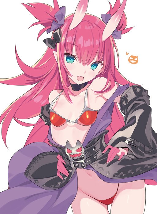 1girl :d armor ass_visible_through_thighs bangs bikini_armor black_bow black_sleeves blade_(galaxist) blue_eyes bow commentary_request cowboy_shot detached_sleeves elizabeth_bathory_(brave)_(fate) elizabeth_bathory_(fate)_(all) eyebrows_visible_through_hair fang fate/grand_order fate_(series) groin hair_between_eyes hair_bow hair_ribbon horns jack-o'-lantern long_hair long_sleeves looking_at_viewer navel open_mouth oversized_clothes pink_hair pointy_ears purple_ribbon red_armor ribbon simple_background sleeves_past_wrists smile solo thigh_gap two_side_up very_long_hair white_background wide_sleeves