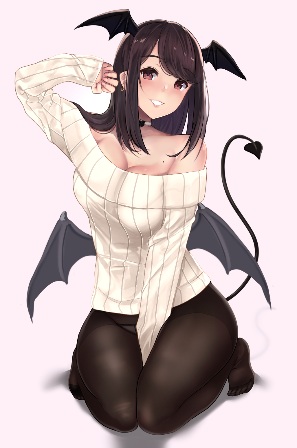 1girl bangs bare_shoulders between_legs black_choker black_hair black_legwear blush breasts brown_eyes choker demon_tail earrings halloween halloween_costume hand_between_legs hand_up head_wings highres jewelry kneeling large_breasts long_hair looking_at_viewer mole mole_on_breast no_shoes off-shoulder_sweater off_shoulder original panties panties_under_pantyhose pantyhose parted_lips pink_background ribbed_sweater sidelocks simple_background sleeves_past_wrists smile solo sweater tail thighs toes underwear untsue white_sweater wings