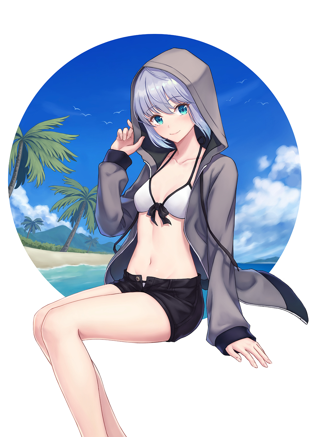 1girl aqua_eyes beach bikini bikini_under_clothes black_shorts blue_sky breasts closed_mouth clouds cloudy_sky collarbone commentary fate_(series) feet_out_of_frame front-tie_bikini front-tie_top gray_(lord_el-melloi_ii) grey_hoodie halter_top halterneck hand_up highres hood hoodie hoodier invisible_chair legs_together long_sleeves looking_at_viewer lord_el-melloi_ii_case_files medium_breasts navel ocean open_clothes open_fly open_hoodie outside_border palm_tree round_image short_hair short_shorts shorts silver_hair sitting sky sleeves_past_wrists small_breasts smile solo stomach swimsuit thighs tree type-moon water white_background white_bikini