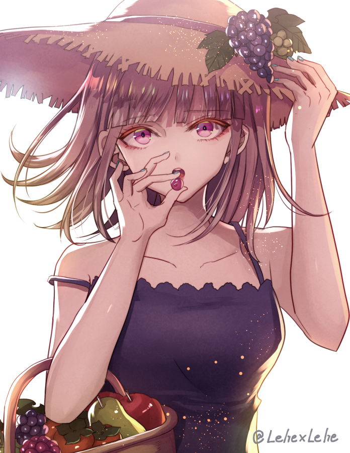 1girl bangs basket black_shirt blue_nails brown_headwear collarbone dangan_ronpa eyebrows_visible_through_hair floating_hair food fruit hat hat_ornament holding holding_basket holding_food holding_fruit looking_at_viewer medium_hair nail_polish nanami_chiaki off_shoulder open_mouth pink_eyes shiny shiny_hair shirt simple_background sleeveless sleeveless_shirt solo straw_hat sun_hat super_dangan_ronpa_2 twitter_username upper_body white_background z-epto_(chat-noir86)