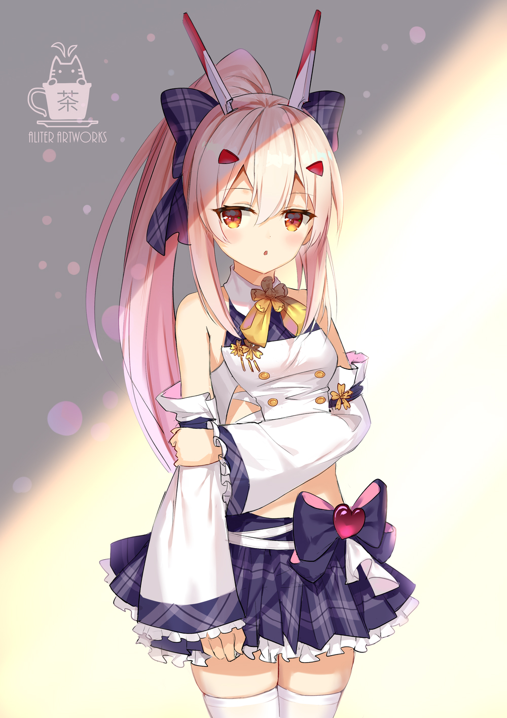 1girl :o aliter arm_grab artist_name ayanami_(azur_lane) azur_lane bangs bare_shoulders blush bow breasts collared_shirt commentary_request detached_sleeves eyebrows_visible_through_hair frilled_skirt frilled_sleeves frills hair_between_eyes hair_bow hair_ornament hairclip headgear heart high_ponytail highres light_brown_hair logo long_hair long_sleeves midriff parted_lips plaid plaid_bow plaid_skirt pleated_skirt ponytail purple_bow purple_skirt red_eyes shirt sidelocks signature skirt sleeveless sleeveless_shirt sleeves_past_wrists small_breasts solo thigh-highs very_long_hair white_legwear white_shirt white_sleeves wide_sleeves yellow_bow