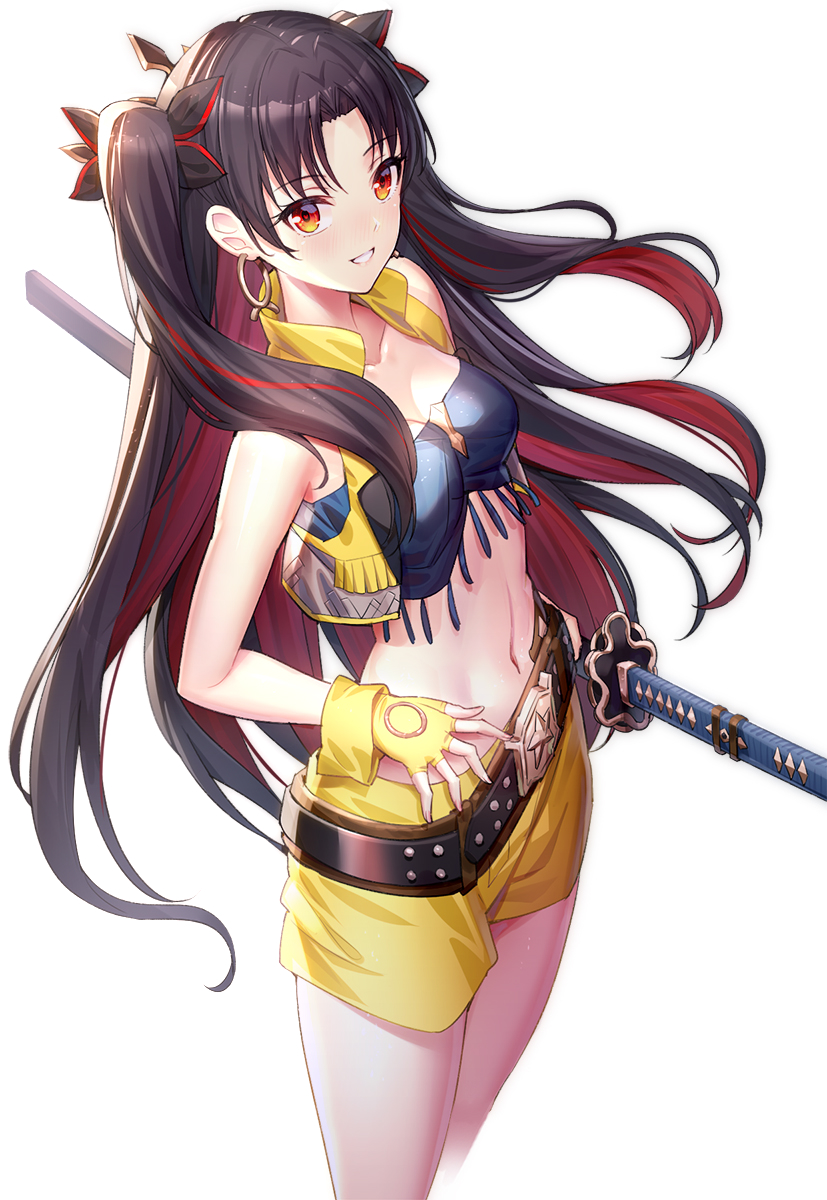 1girl bangs bare_arms bare_shoulders belt belt_buckle black_belt black_bow black_hair black_ribbon blush bow breasts buckle collarbone commentary_request cowboy_shot crop_top cropped_legs cropped_vest earrings eyebrows_visible_through_hair fate/grand_order fate/stay_night fate_(series) fingerless_gloves floating_hair gloves grin hair_bow hair_ribbon hand_on_hip highres holding holding_sword holding_weapon hoop_earrings ishtar_(fate/grand_order) jewelry katana long_hair looking_at_viewer medium_breasts midriff multicolored_hair navel open_clothes open_mouth open_vest parted_bangs parted_lips red_eyes redhead ribbon ririko_(zhuoyandesailaer) sheath sheathed short_shorts shorts sidelocks simple_background small_breasts smile solo space_ishtar_(fate) stomach sword thighs tohsaka_rin toosaka_rin two-tone_hair two_side_up type-moon ufotable very_long_hair vest weapon white_background yellow_gloves yellow_shorts yellow_vest