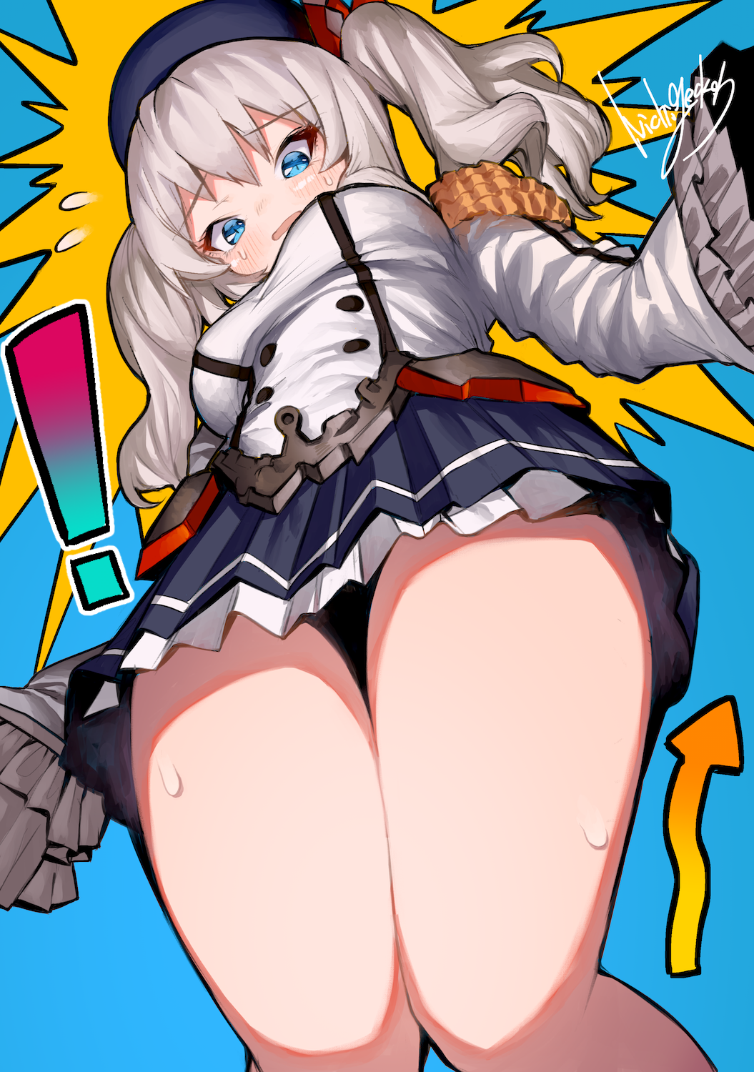 ! 1girl bangs beret blue_eyes blush breasts buttons commentary_request epaulettes eyebrows_visible_through_hair frilled_sleeves frills from_below gloves hair_between_eyes hat highres jacket kantai_collection kashima_(kantai_collection) kerchief large_breasts long_hair long_sleeves looking_at_viewer miniskirt nichigeckoh open_mouth panties pleated_skirt sidelocks silver_hair simple_background skirt solo standing thighs twintails underwear wavy_hair white_gloves white_jacket