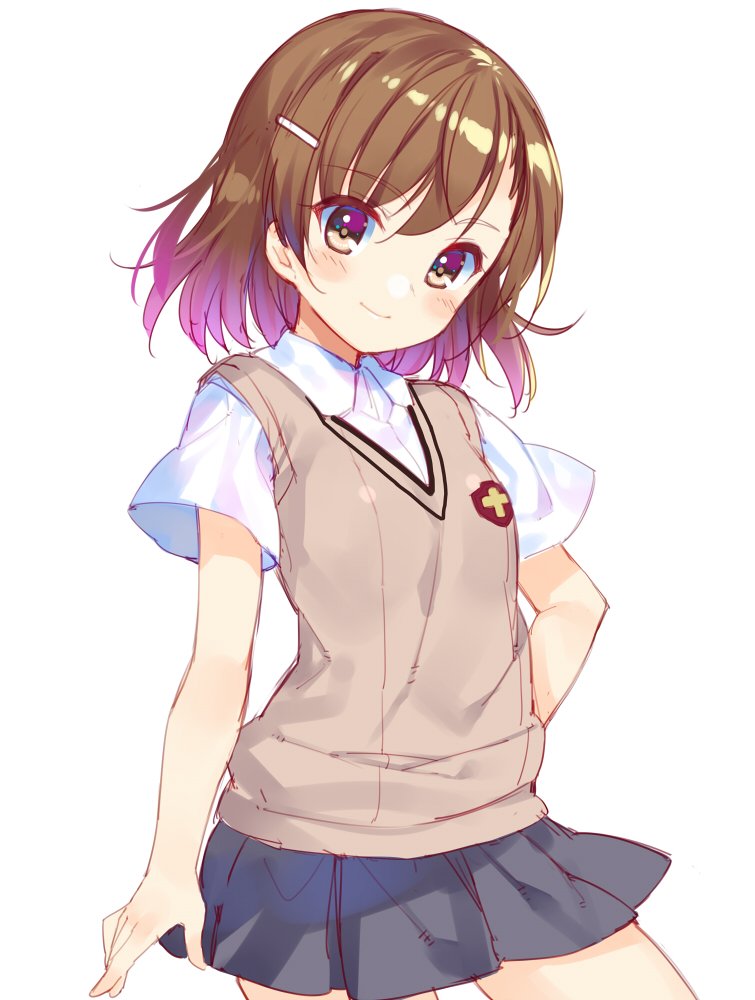 1girl blush brown_eyes brown_hair bucchake_(asami) commentary_request condensation_trail cowboy_shot grey_skirt hair_ornament hairclip hand_on_hip looking_at_viewer misaka_mikoto pleated_skirt school_uniform short_hair simple_background skirt smile solo standing sweater_vest to_aru_kagaku_no_railgun to_aru_majutsu_no_index tokiwadai_school_uniform white_background