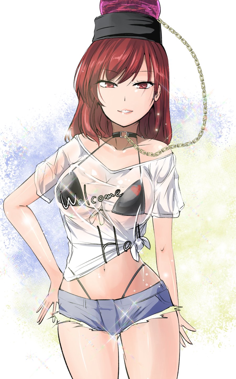 1girl bangs bare_shoulders bikini bikini_under_clothes black_bikini black_choker breasts chain choker clothes_writing collarbone commentary_request cowboy_shot crop_top cutoffs denim denim_shorts eyebrows_visible_through_hair grin halterneck hand_on_hip heart hecatia_lapislazuli highleg highleg_bikini highres long_hair looking_at_viewer medium_breasts midriff navel off-shoulder_shirt off_shoulder parted_lips pink_lips polos_crown red_eyes redhead see-through shirt short_shorts short_sleeves shorts smile solo sparkle standing swimsuit t-shirt thighs tied_shirt touhou white_background white_shirt y2