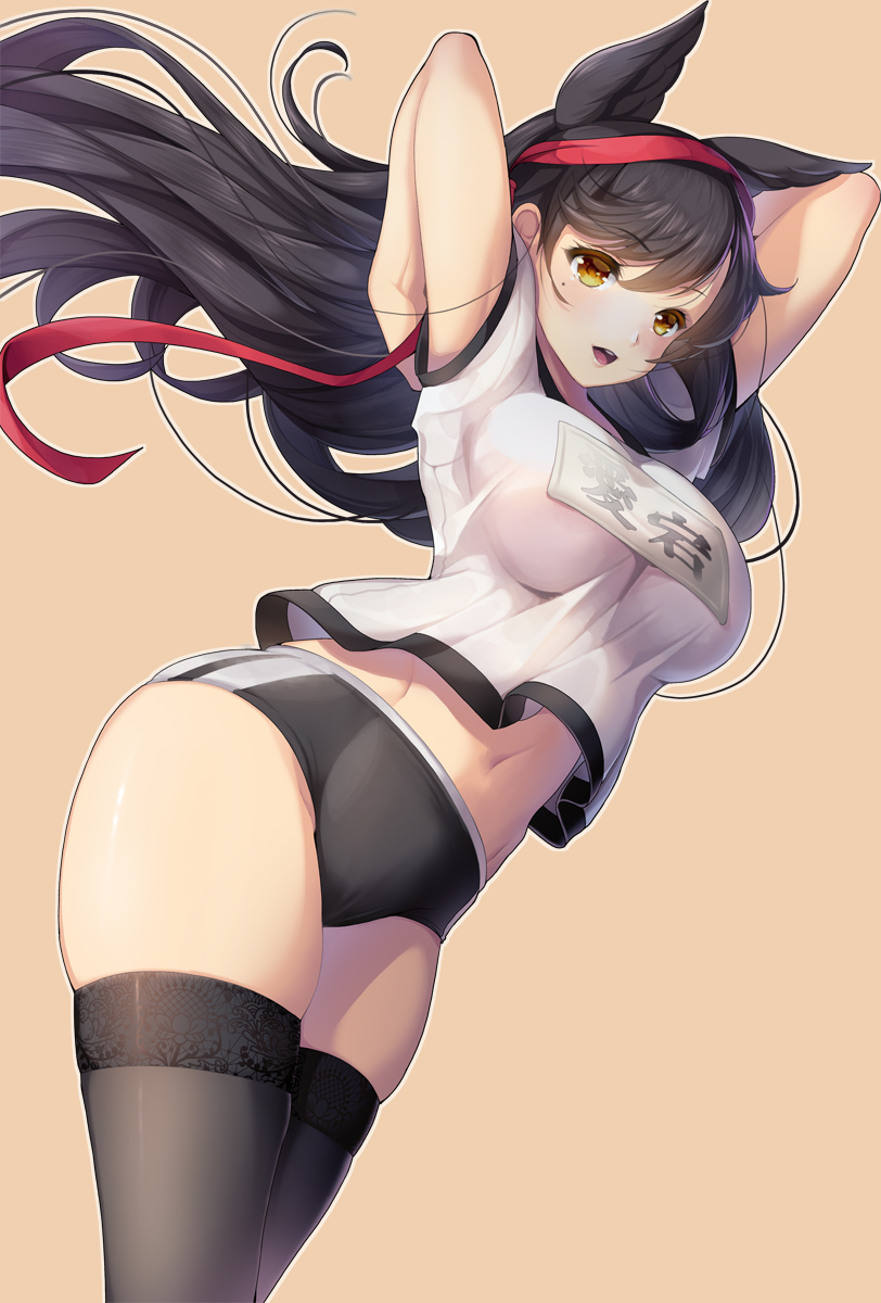 1girl animal_ears arms_up atago_(azur_lane) azur_lane bangs black_buruma black_hair black_legwear breasts brown_background brown_eyes buruma eyebrows_visible_through_hair floating_hair gym_shirt gym_uniform hair_between_eyes highres koflif large_breasts long_hair name_tag navel outline red_ribbon ribbon shirt short_sleeves solo sports_festival thigh-highs very_long_hair white_outline white_shirt