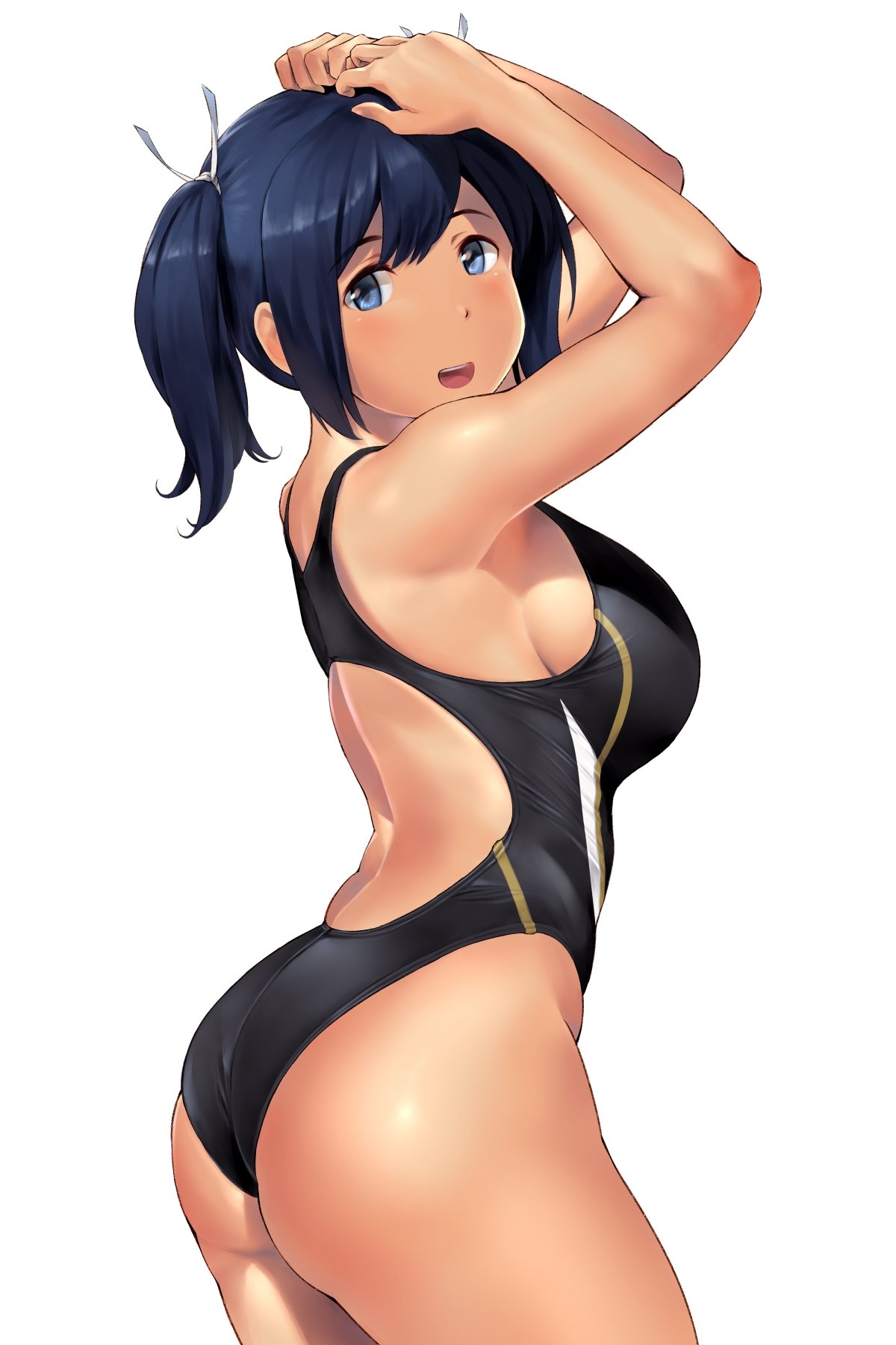1girl alternate_costume arms_up ass back bangs bare_shoulders blue_eyes blue_hair blush breasts commentary_request competition_swimsuit cowboy_shot eyebrows_visible_through_hair from_side hair_between_eyes highleg highleg_swimsuit highres kantai_collection large_breasts looking_at_viewer one-piece_swimsuit open_mouth ribbon short_hair sideboob simple_background skindentation smile solo souryuu_(kantai_collection) standing swimsuit twintails wa_(genryusui) white_background white_ribbon