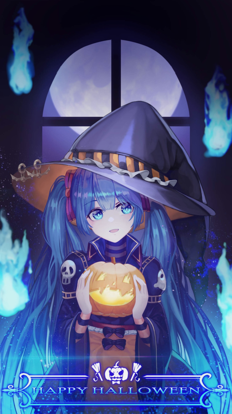 1girl :d alternate_costume black_bow black_headwear blue_eyes blue_fire blue_hair blush bow commentary_request fire full_moon hair_ribbon halloween happy_halloween hat hatsune_miku highres holding jack-o'-lantern long_hair long_sleeves looking_at_viewer moon nani_(goodrich) open_mouth original pink_ribbon pumpkin ribbon robe skull_print smile solo striped upper_body very_long_hair wide_sleeves window witch_hat