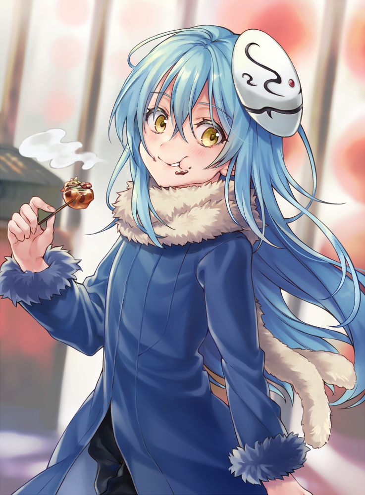1other :t bangs black_pants blue_coat blue_hair blurry blurry_background brown_eyes depth_of_field eating eyebrows_visible_through_hair food food_on_face fur-trimmed_sleeves fur_trim hair_between_eyes holding holding_food long_hair long_sleeves looking_at_viewer mask mask_on_head pants parted_lips rimuru_tempest shiao smoke solo tensei_shitara_slime_datta_ken very_long_hair