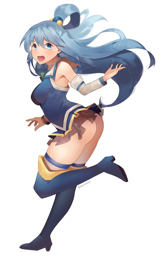 1girl aqua_(konosuba) ass bare_shoulders blue_eyes blue_hair blush boots breasts commentary_request detached_sleeves hair_ornament hair_rings harukagi kono_subarashii_sekai_ni_shukufuku_wo! long_hair looking_at_viewer medium_breasts no_panties open_mouth simple_background skirt smile solo thigh-highs thigh_boots very_long_hair white_background