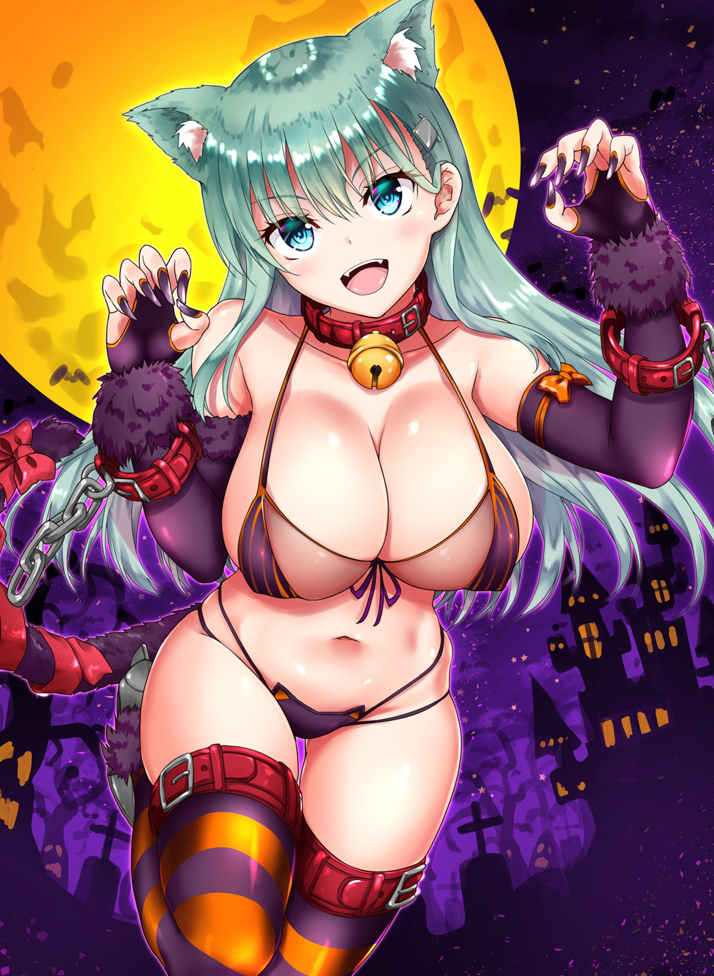 1girl akizuki_akina animal_ears aqua_hair bell bell_collar bikini blue_eyes blush breasts cat_ears cat_tail chain claw_pose collar collarbone elbow_gloves fangs fingernails full_moon fur gloves hair_ornament hairclip halloween_costume highres horizontal_stripes jingle_bell kantai_collection large_breasts leg_up long_fingernails long_hair looking_at_viewer moon multi-strapped_bikini nail_polish navel night open_mouth orange_legwear purple_bikini purple_legwear purple_nails shiny shiny_skin skindentation smile solo stomach striped striped_legwear suzuya_(kantai_collection) swimsuit tail thigh_strap thighs two-tone_legwear