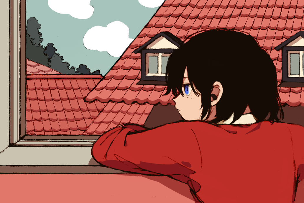 1girl black_hair blue_eyes building clouds freckles from_behind ka_(marukogedago) leaning long_sleeves looking_out_window original red_shirt red_theme rooftop shirt short_hair sky solo tile_roof tree window