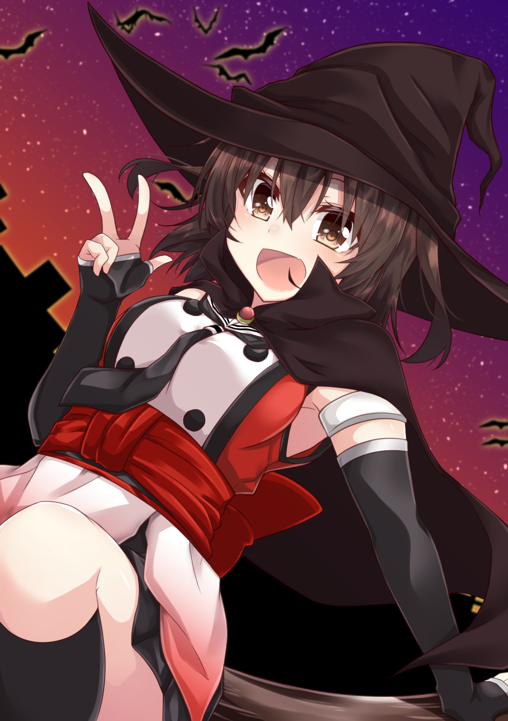 1girl :d armlet back_bow bat between_breasts black_cape black_gloves black_legwear black_neckwear black_skirt blush bow breasts brown_eyes brown_headwear cape double-breasted elbow_gloves fang gloves gradient_sky halloween hat highres izumo_ayuka kantai_collection kneehighs looking_at_viewer medium_breasts miniskirt neckerchief open_mouth red_bow sash sendai_(kantai_collection) short_hair skin_fang skirt sky smile solo star_(sky) starry_sky two_side_up v witch_hat