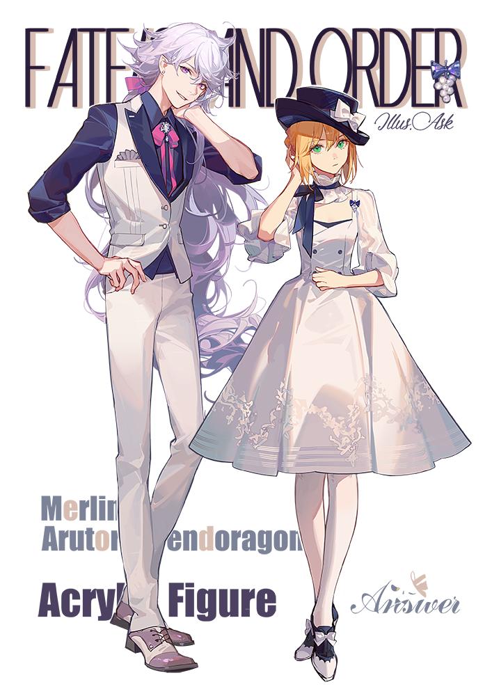 1boy 1girl alternate_costume artist_name artoria_pendragon_(all) ask_(askzy) black_headwear blonde_hair bow bowtie breasts character_name collared_shirt copyright_name cross-laced_footwear dress ear_piercing earrings english_text fate/grand_order fate_(series) formal full_body green_eyes hand_on_hip hand_on_own_head hand_on_own_neck hat hat_bow jewelry long_hair looking_at_viewer merlin_(fate) neck_ruff pants pantyhose piercing ponytail red_neckwear shirt shoes short_hair silver_hair simple_background sleeves_rolled_up small_breasts standing top_hat vest violet_eyes white_background white_dress white_legwear