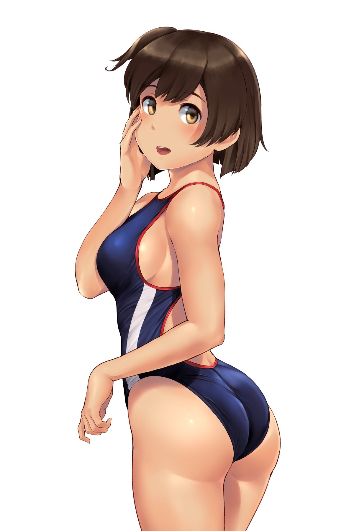 1girl alternate_costume ass bangs bare_arms bare_shoulders blush breasts brown_eyes brown_hair commentary_request competition_swimsuit cowboy_shot eyebrows_visible_through_hair from_behind hair_between_eyes hand_on_own_cheek highleg highleg_swimsuit highres hiryuu_(kantai_collection) kantai_collection looking_at_viewer looking_back medium_breasts one-piece_swimsuit one_side_up open_mouth short_hair side_ponytail sideboob simple_background skindentation smile solo standing swimsuit thighs wa_(genryusui) white_background