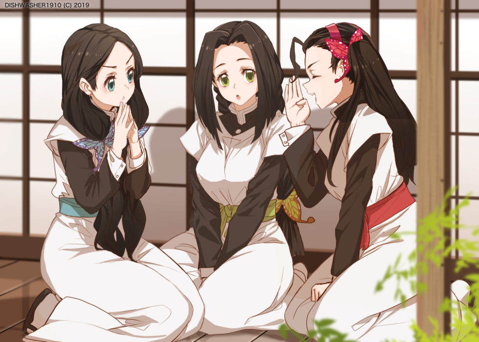 3girls artist_name bangs between_legs black_footwear black_hair black_jacket blue_eyes blurry blurry_foreground braid breasts butterfly_hair_ornament character_request closed_eyes commentary depth_of_field dishwasher1910 dress english_commentary green_eyes hair_ornament hand_between_legs hand_up hands_up jacket kimetsu_no_yaiba long_hair long_sleeves medium_breasts multiple_girls open_mouth parted_bangs parted_lips profile seiza short_over_long_sleeves short_sleeves sitting socks steepled_fingers v-shaped_eyebrows very_long_hair white_dress white_legwear