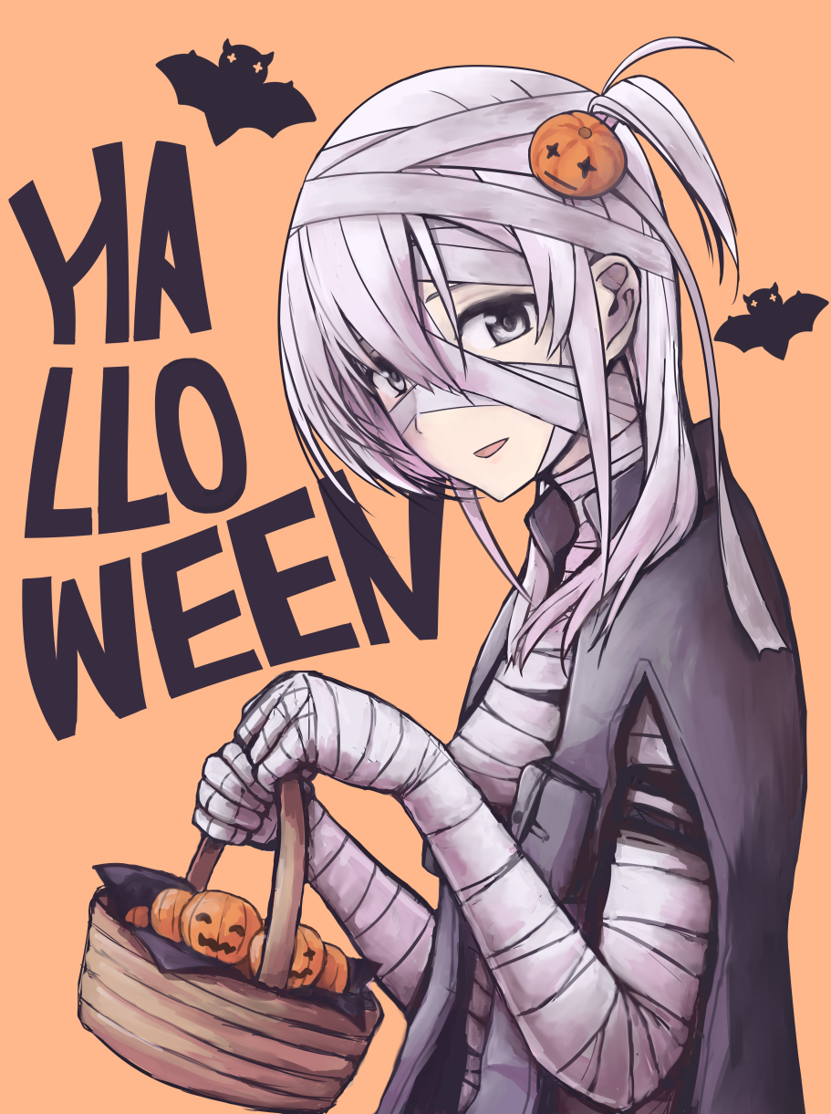 1girl bandaged_arm bandaged_head bandages basket bat commentary_request food_themed_hair_ornament grey_eyes hair_ornament halloween halloween_costume highres holding holding_basket jack-o'-lantern kantai_collection long_hair miyasutou mummy_costume one_side_up orange_background pumpkin pumpkin_hair_ornament silver_hair simple_background solo suzutsuki_(kantai_collection) upper_body