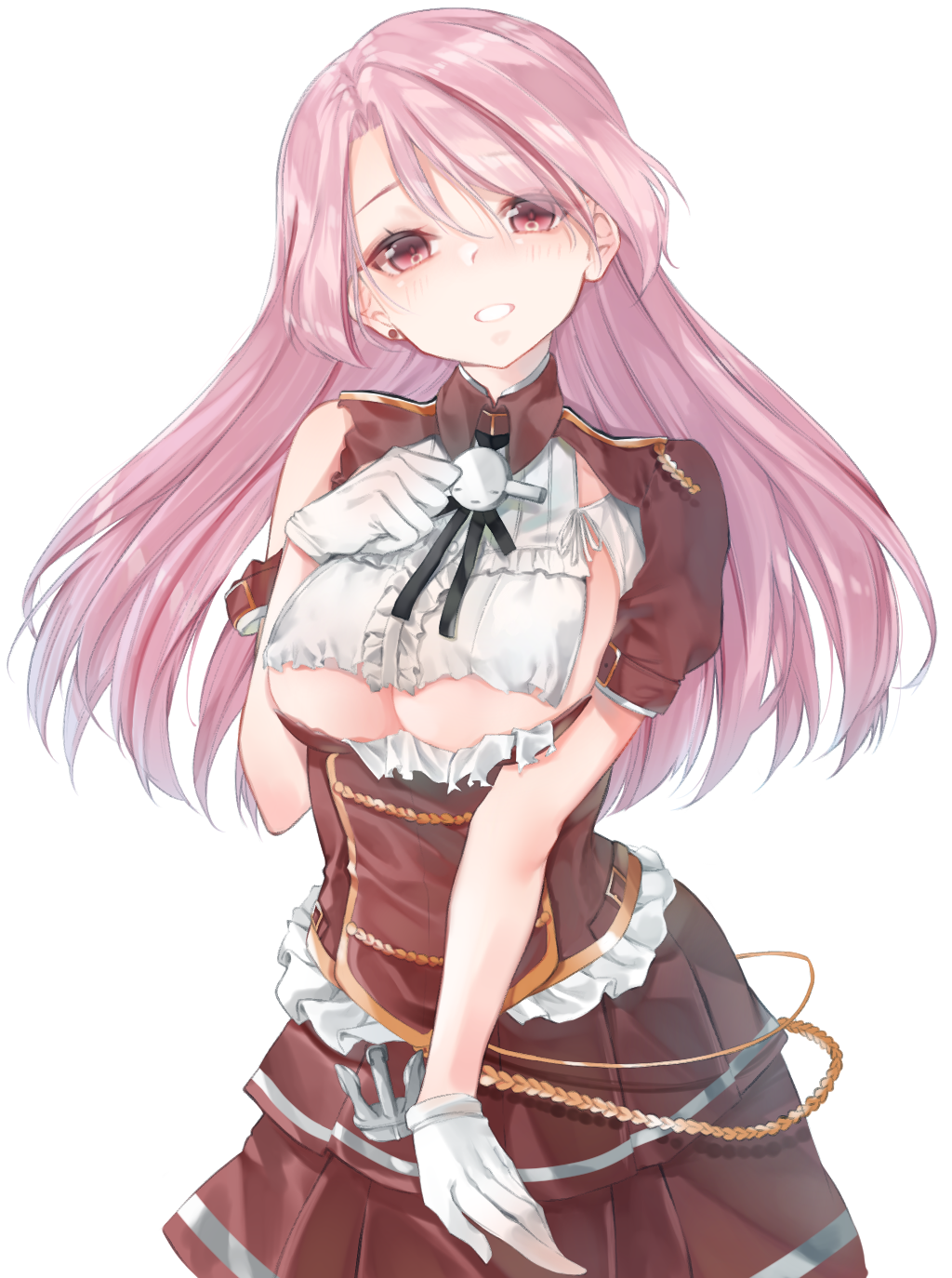 1girl anchor armpit_cutout blush breasts closed_mouth dress eyebrows_visible_through_hair gloves highres inorin05kanae kantai_collection large_breasts long_hair luigi_di_savoia_duca_degli_abruzzi_(kantai_collection) pink_eyes pink_hair red_skirt ribbon short_sleeves simple_background skirt solo torn_clothes torn_dress under_boob white_background white_gloves