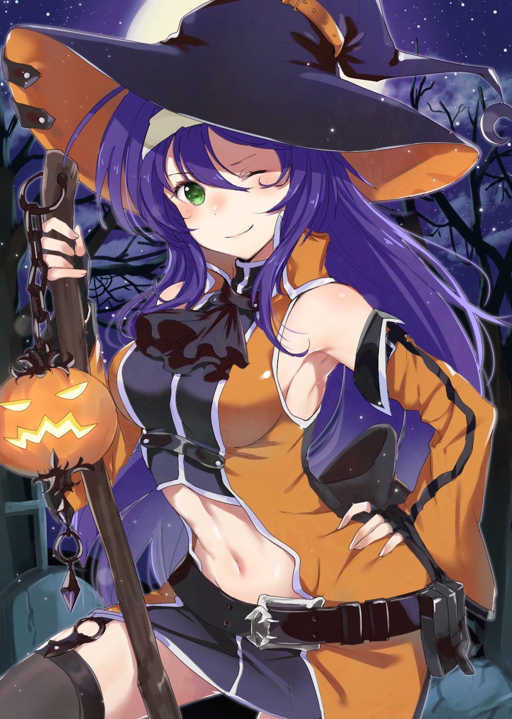 1girl armpits black_gloves blue_hair closed_mouth cute detached_sleeves fingerless_gloves fire_emblem fire_emblem:_path_of_radiance fire_emblem_heroes gloves green_eyes hairband halloween_costume haru_(nakajou-28) hat highres intelligent_systems jack-o'-lantern long_hair long_sleeves mia_(fire_emblem) midriff moe night night_sky nintendo one_eye_closed outdoors parted_lips sky smile solo star_(sky) super_smash_bros. tree white_hairband witch_hat
