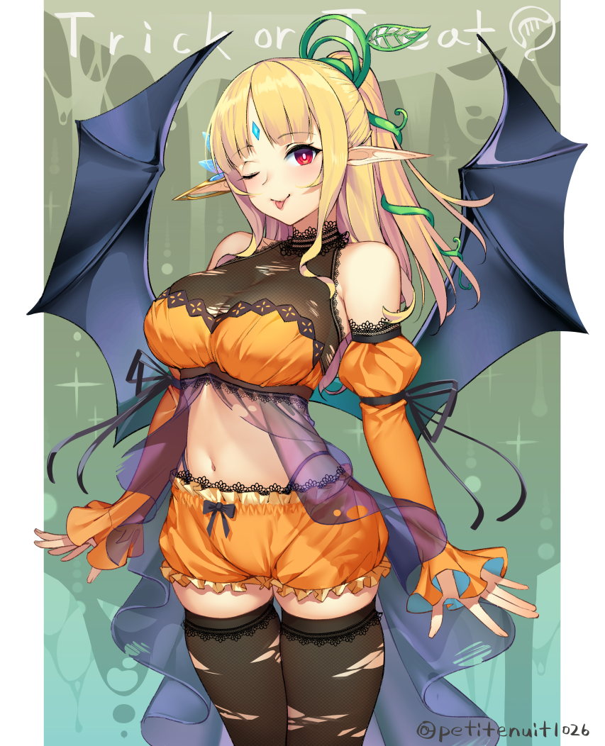 1girl bangs bare_shoulders bat_wings blonde_hair breasts commentary_request copyright_request detached_sleeves elf eyebrows_visible_through_hair hair_ornament halloween iltusa large_breasts looking_at_viewer midriff navel one_eye_closed orange_shorts pointy_ears ponytail red_eyes shorts solo thigh-highs tongue tongue_out torn_clothes torn_legwear wings