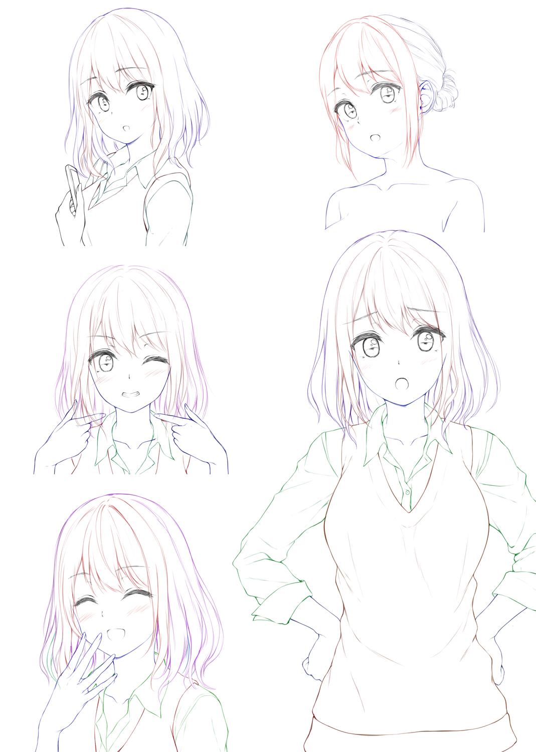 1girl :d :o ^_^ blush character_sheet closed_eyes collarbone grin hair_up highres lineart medium_hair monochrome multiple_views one_eye_closed open_mouth original pasdar school_uniform simple_background smile sweater_vest white_background