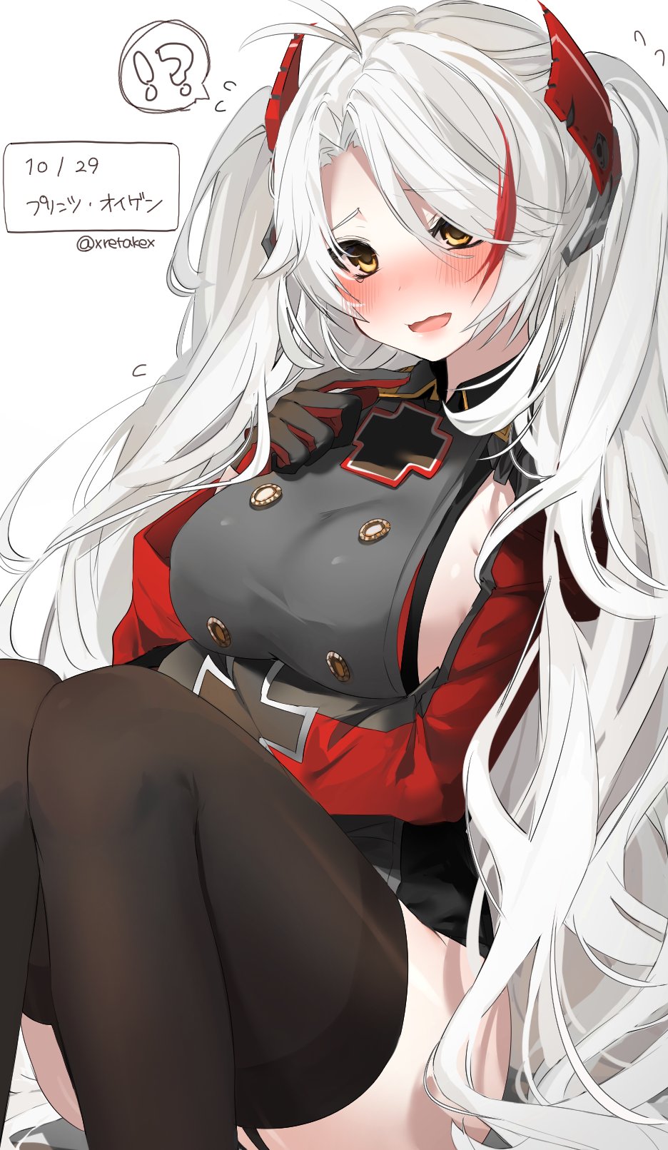 !? 1girl antenna_hair arm_under_breasts azur_lane bangs black_legwear blush breasts dated eyebrows_visible_through_hair flying_sweatdrops garter_straps gloves hair_between_eyes headgear highres large_breasts long_hair long_sleeves looking_at_viewer multicolored_hair open_mouth prinz_eugen_(azur_lane) redhead silver_hair simple_background sitting smile solo spoken_interrobang streaked_hair thigh-highs twitter_username two_side_up very_long_hair white_background xretakex