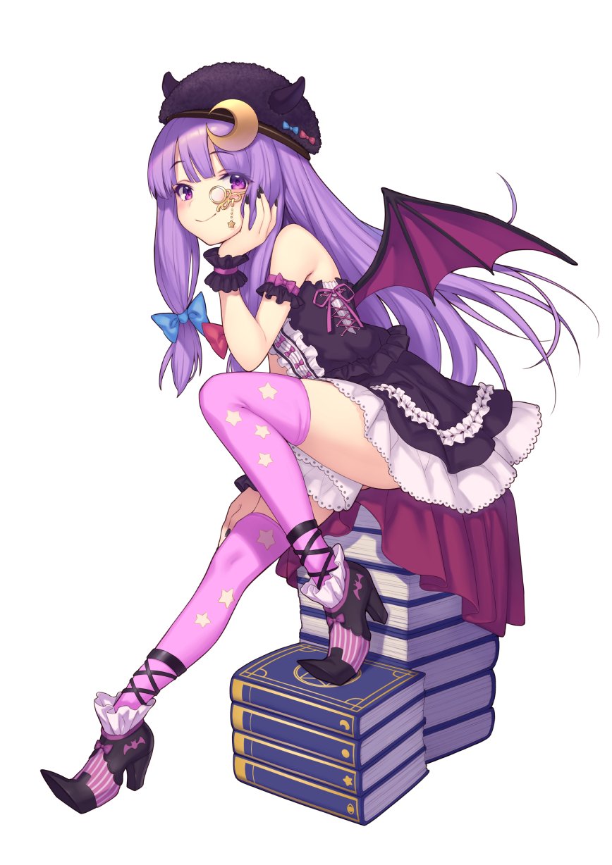 1girl alternate_costume arm_garter bangs bat_wings blunt_bangs book_stack closed_mouth commentary corset eyebrows_visible_through_hair from_side hair_ribbon halloween_costume hat high_heels highres horned_headwear long_hair looking_at_viewer monocle patchouli_knowledge pointy_shoes pokachu purple_hair purple_legwear purple_ribbon ribbon shoes sidelocks sitting smile solo thigh-highs tied_hair touhou violet_eyes wings wrist_cuffs