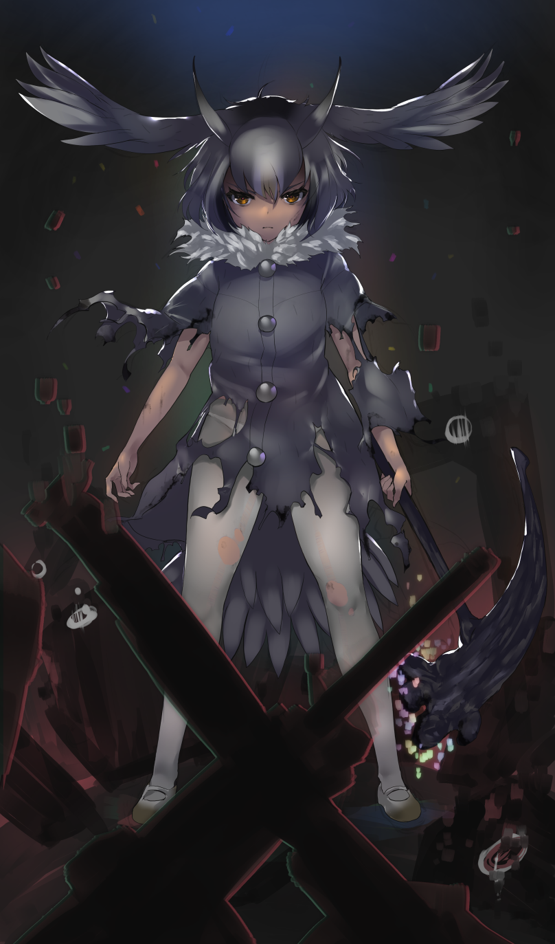 1girl bangs bird_tail black_hair feathered_wings frown full_body fur_collar grey_coat grey_hair hair_between_eyes hammer head_wings highres holding holding_weapon kemono_friends legs_apart looking_at_viewer multicolored_hair northern_white-faced_owl_(kemono_friends) pantyhose serious shoes short_hair solo spread_wings standing tadano_magu torn_clothes torn_coat torn_legwear v-shaped_eyebrows weapon white_legwear wings yellow_eyes
