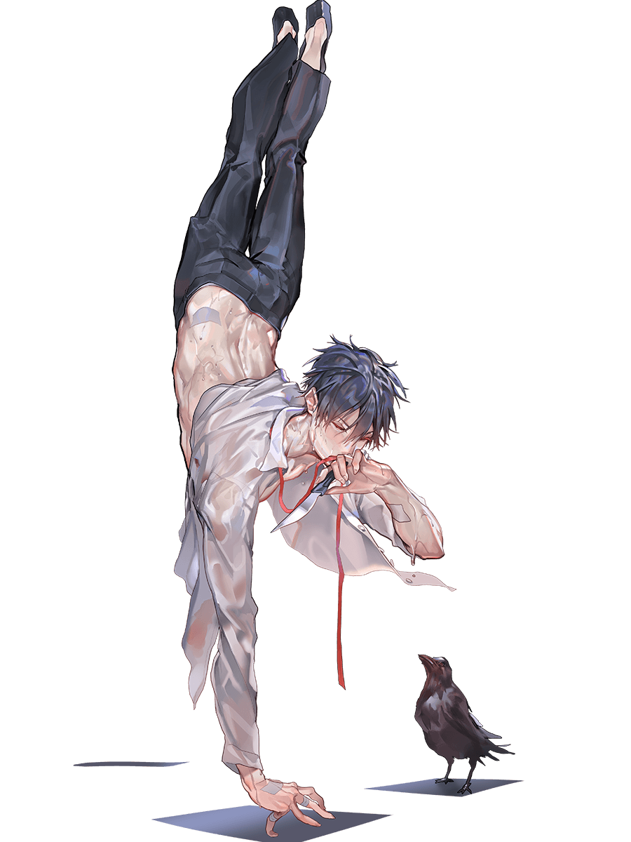 1boy balancing bird black_hair black_pants claude_fermat closed_eyes crow hand_to_own_mouth handstand highres jewelry knife leenim lord_of_dice male_focus official_art open_clothes open_shirt pants ribbon ring solo sweat wet